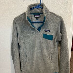 Patagonia Gray and Green Fleece Jacket with Stand-Up Collar